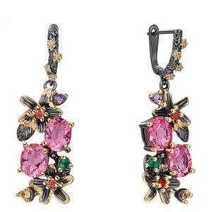 NWOT Italian Jewelry Beautiful Gold Flower Pink Stone Earrings